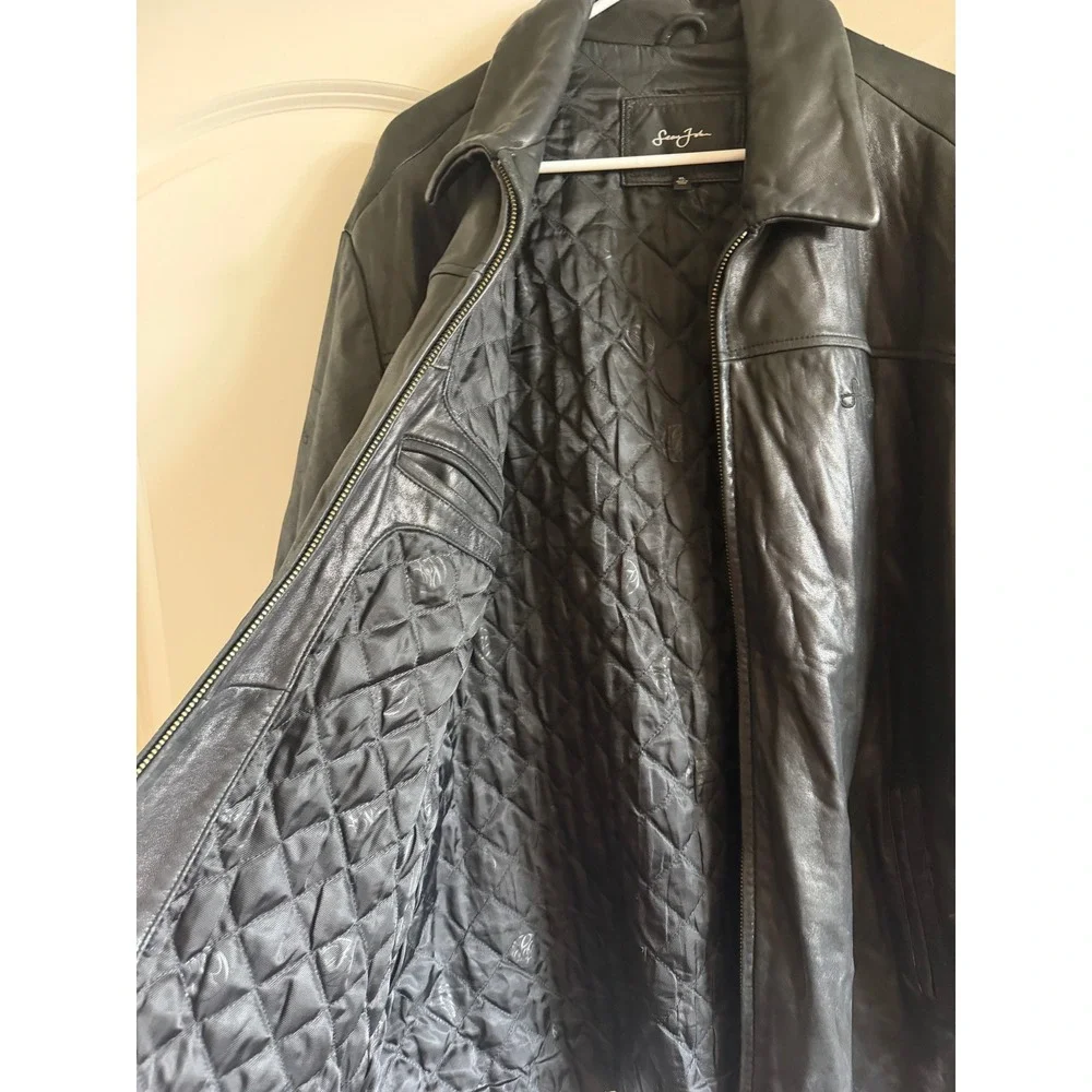 Sean John Mens Black Leather Jacket XL Quilted Lined Full Zip Coat Urban Street